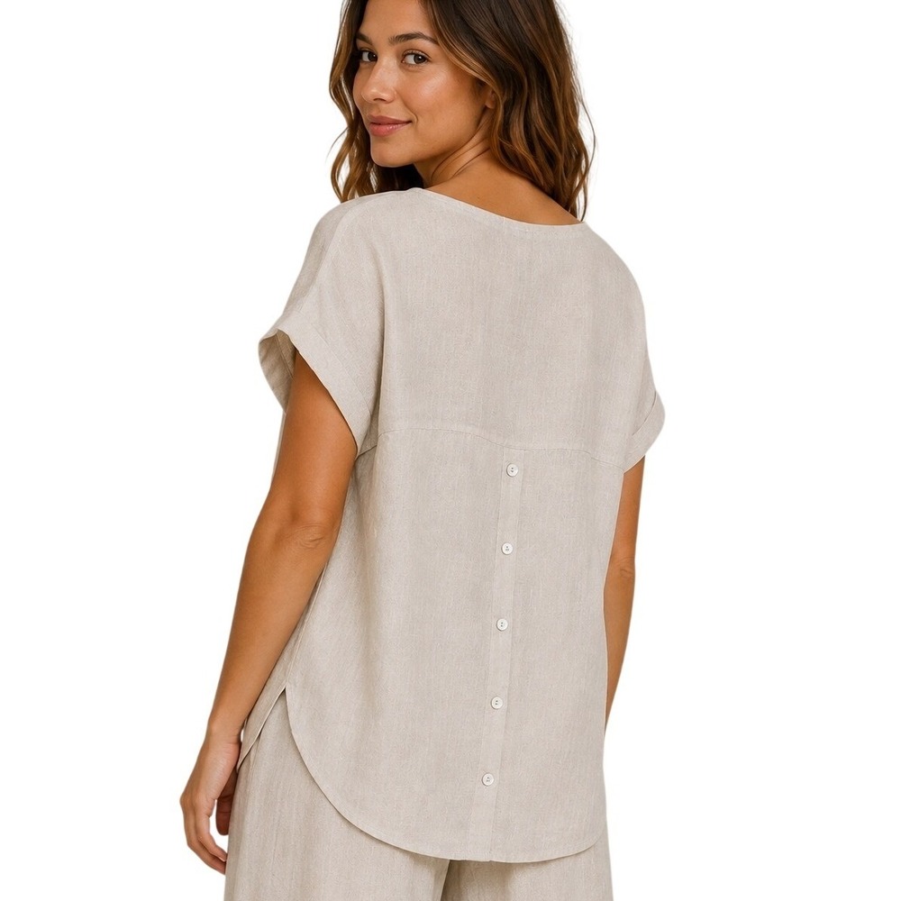 Terzo Millennio 100% Linen Top Made In Italy Lagenlook Hi Low Back Button M